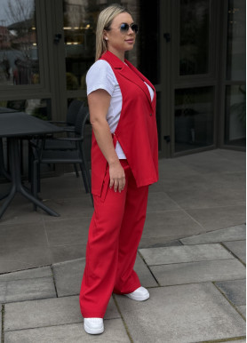 Класичний костюм з жилетом подовженого крою костюмка червоний великий розмір